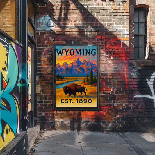 Wyoming Bison Mountains Sunset Vibrant Scenic Travel Poster