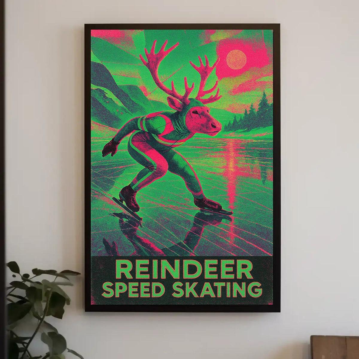Reindeer Speed Skating Whimsical Winter Art Poster