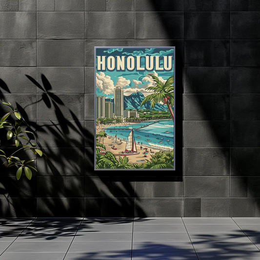 Honolulu Vintage Poster Sailing and Skyscrapers