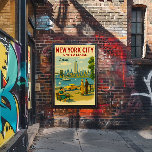 New York City 1950s Skyline Brooklyn Bridge Travel Poster