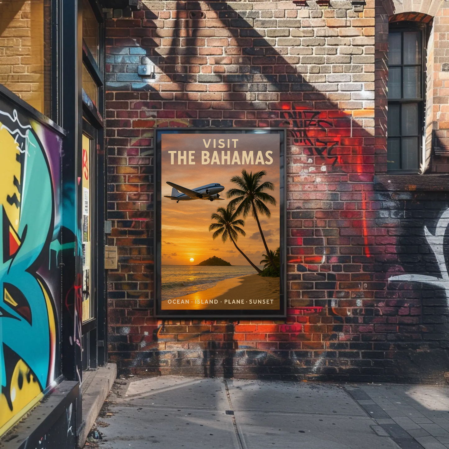 Visit The Bahamas Ocean Island Plane Sunset Travel Poster