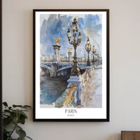 Watercolor Elegance: Pont Alexandre III Urban or Cityscape Poster PosterGoat