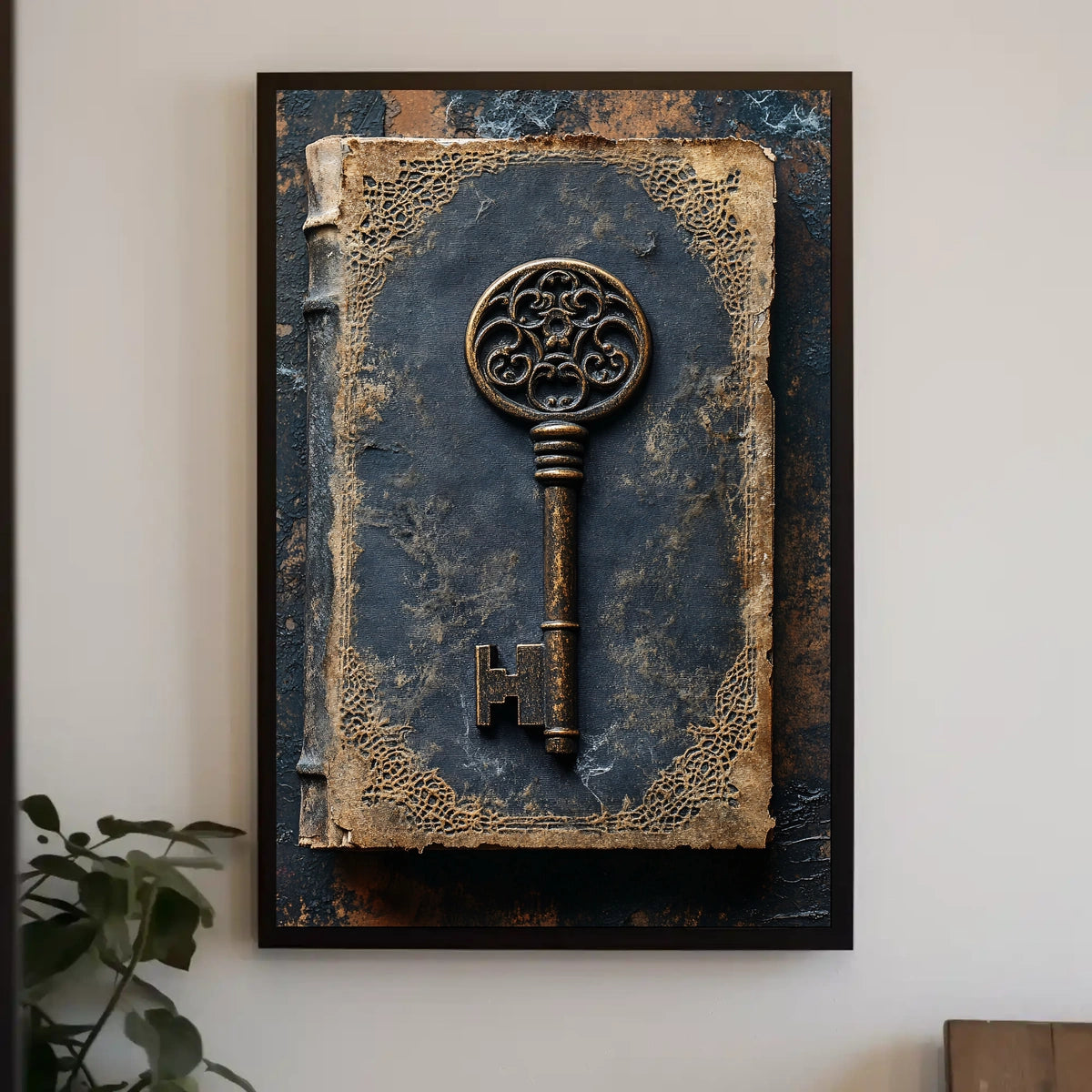 Antique Ornate Key on Aged Book Cultural Heritage Poster