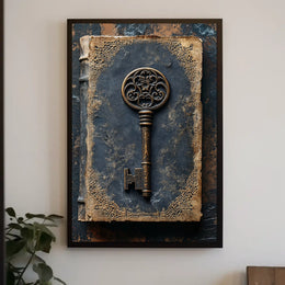 Antique Ornate Key on Aged Book Cultural Heritage Poster