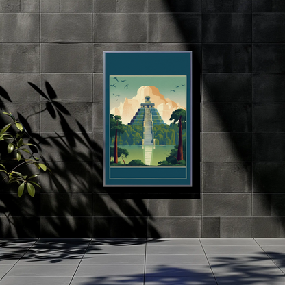 Mayan Pyramid Reflected Jungle Temple Vintage Travel Poster