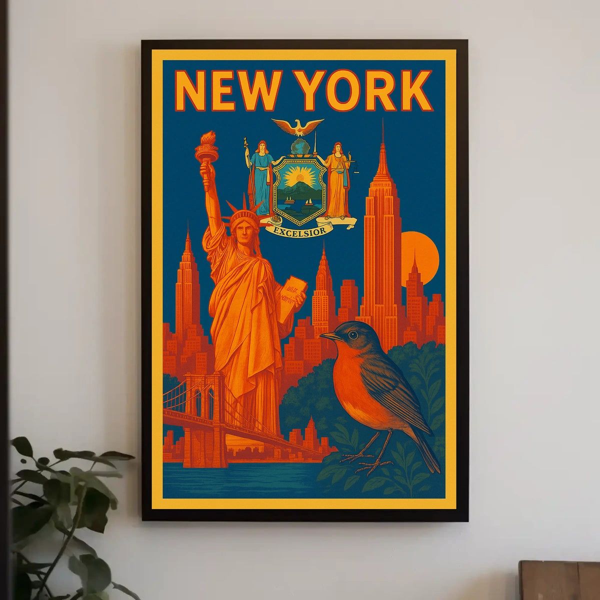 New York Poster Vintage Statue Skyline Bridge Wall Art