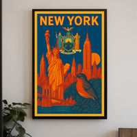 New York Poster Vintage Statue Skyline Bridge Wall Art