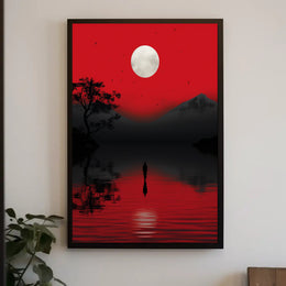 Solitary Reflection Under A Crimson Sky Poster