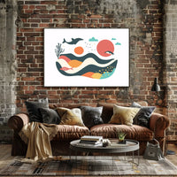 The poster features a whimsical and abstract marine scene. Central to the design Travel Poster