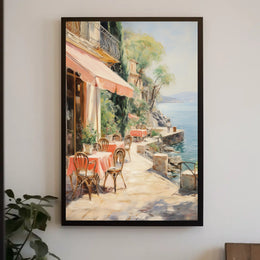 Sunlit Seaside Café Escape–Travel Poster