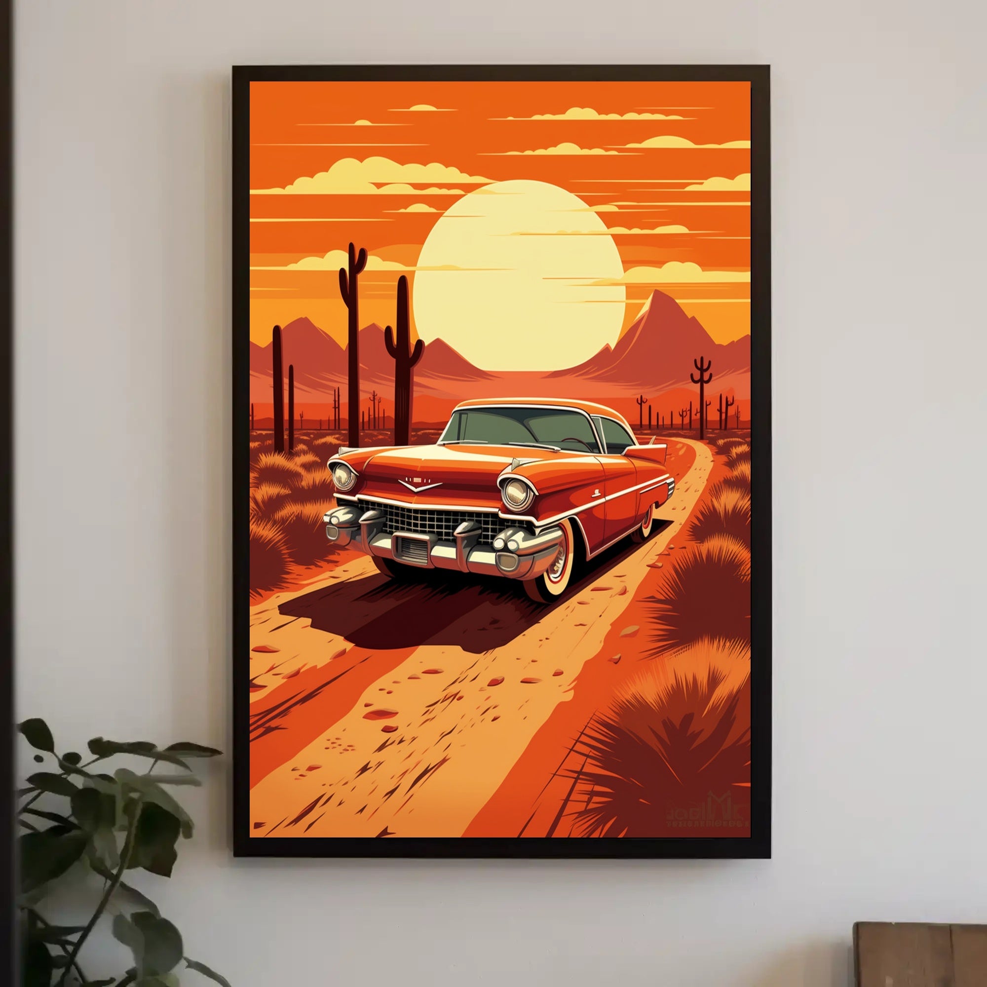 Classic Car in the Desert Sunset Poster