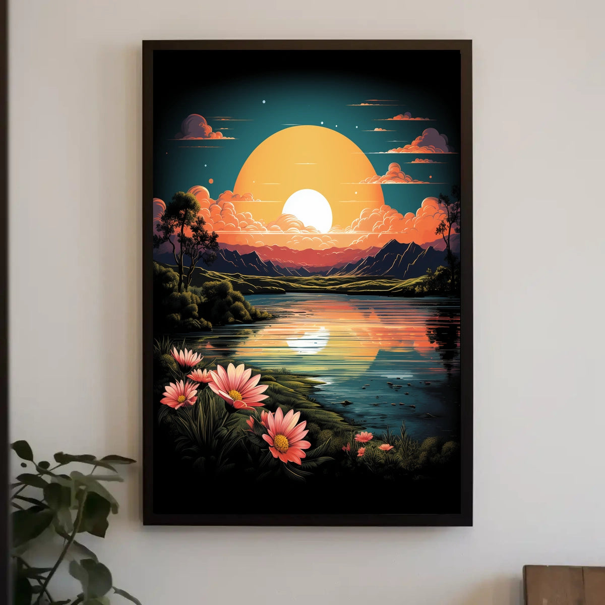 Tranquil Sunset Over Floral Landscape Poster