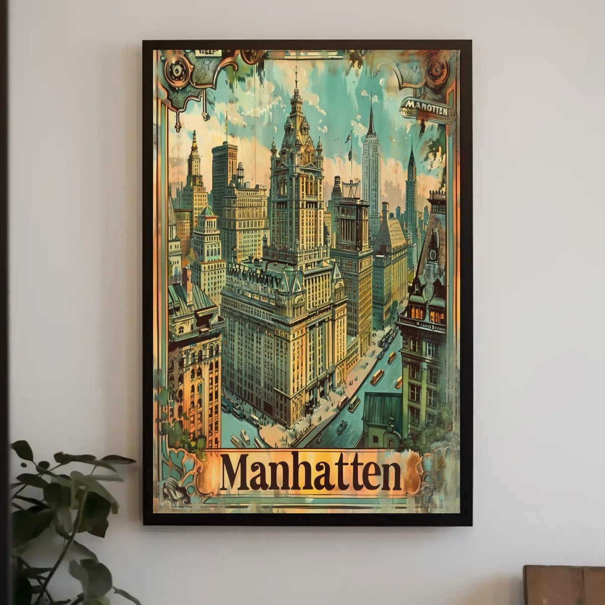 Vintage Manhattan Skyscrapers Nostalgic Urban Art Poster