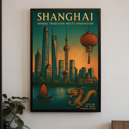 Shanghai Skyline Fusion: Vintage Urban or Cityscape Poster