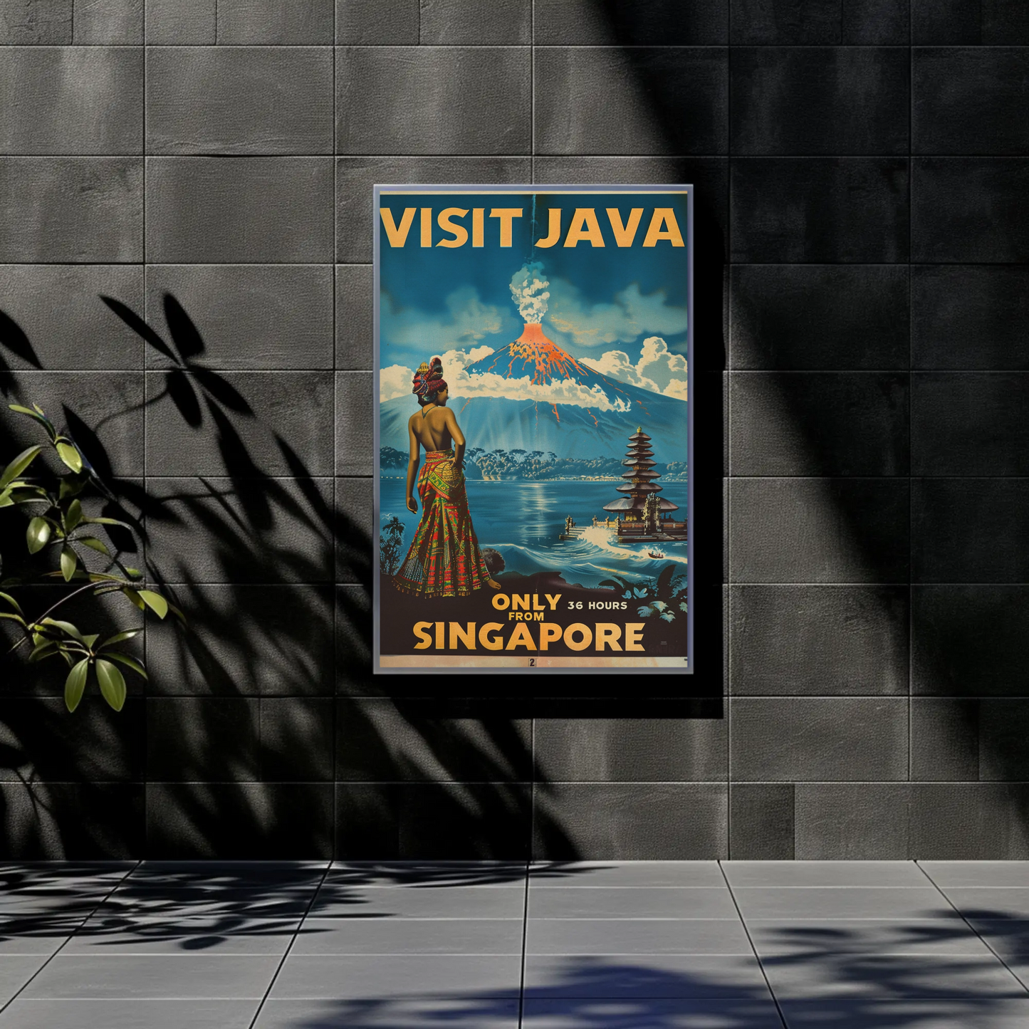 Visit Java Volcano Temple Woman View Vintage Travel Poster