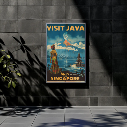 Visit Java Volcano Temple Woman View Vintage Travel Poster
