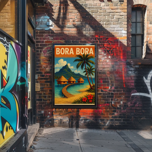 Bora Bora Vintage Huts Palm Tree Beach Travel Poster