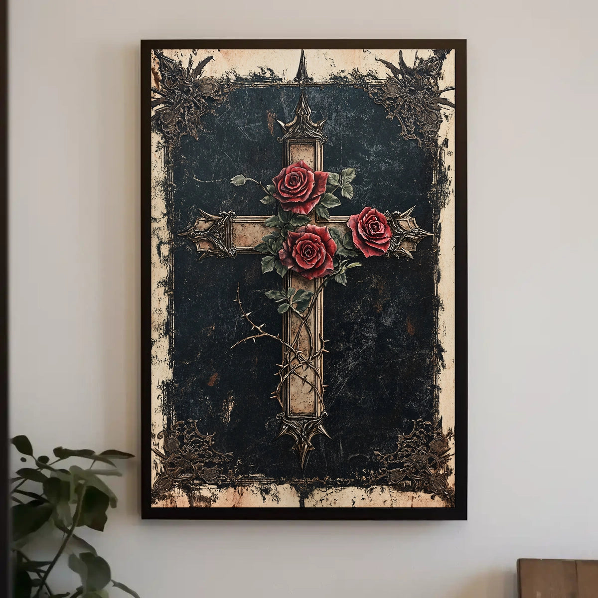 Gothic Cross with Red Roses Decoration Poster