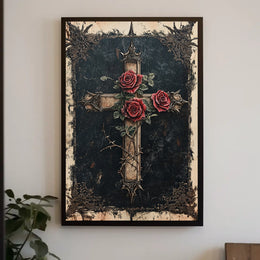 Gothic Cross with Red Roses Decoration Poster