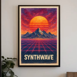 Neo-Retro Synthwave Sunset Landscape - Futuristic Sci-Fi Poster