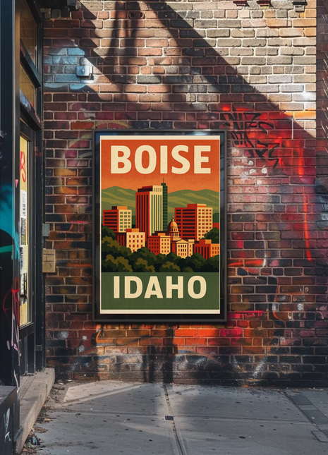 Boise Idaho Retro Sunset Skyline Vintage Travel Poster