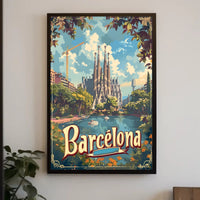 Barcelona Travel Poster with Sagrada Familia and Sunlit Scene
