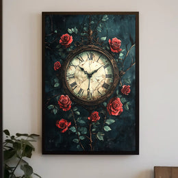 Vintage Clock and Roses Art Print - Artistic Poster