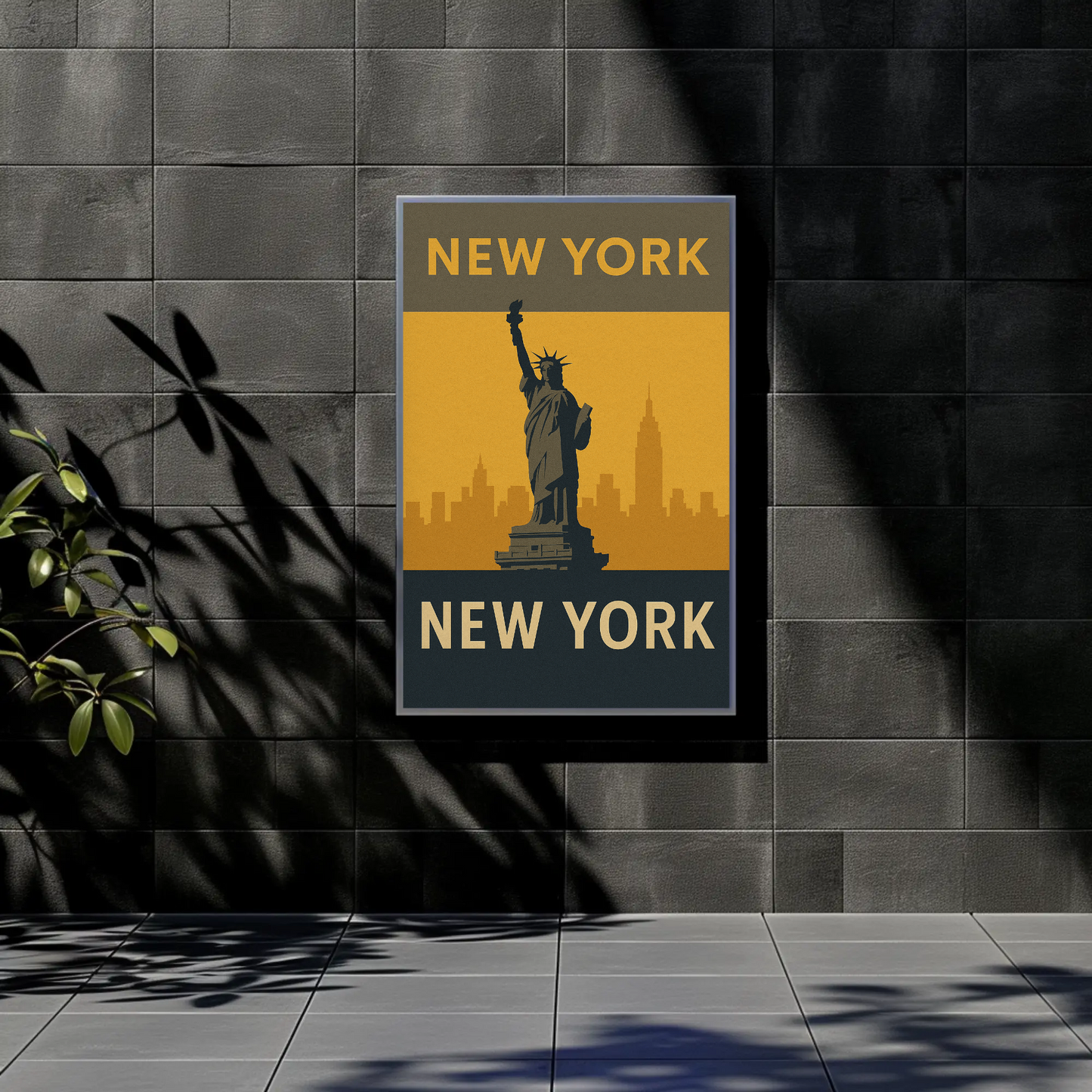 New York City Statue Skyline Yellow Vintage Travel Poster