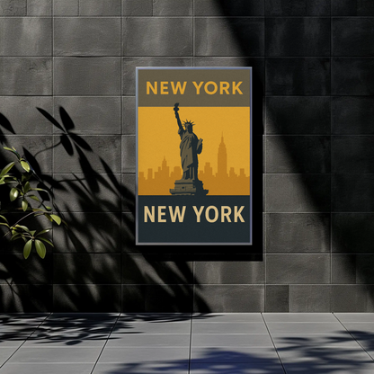 New York City Statue Skyline Yellow Vintage Travel Poster