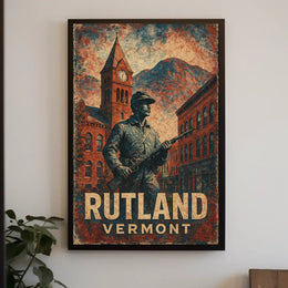 Rutland Vermont Americana Cultural Heritage Clock Tower Soldier Statue Collectors Retro Eighties Folk Art Poster