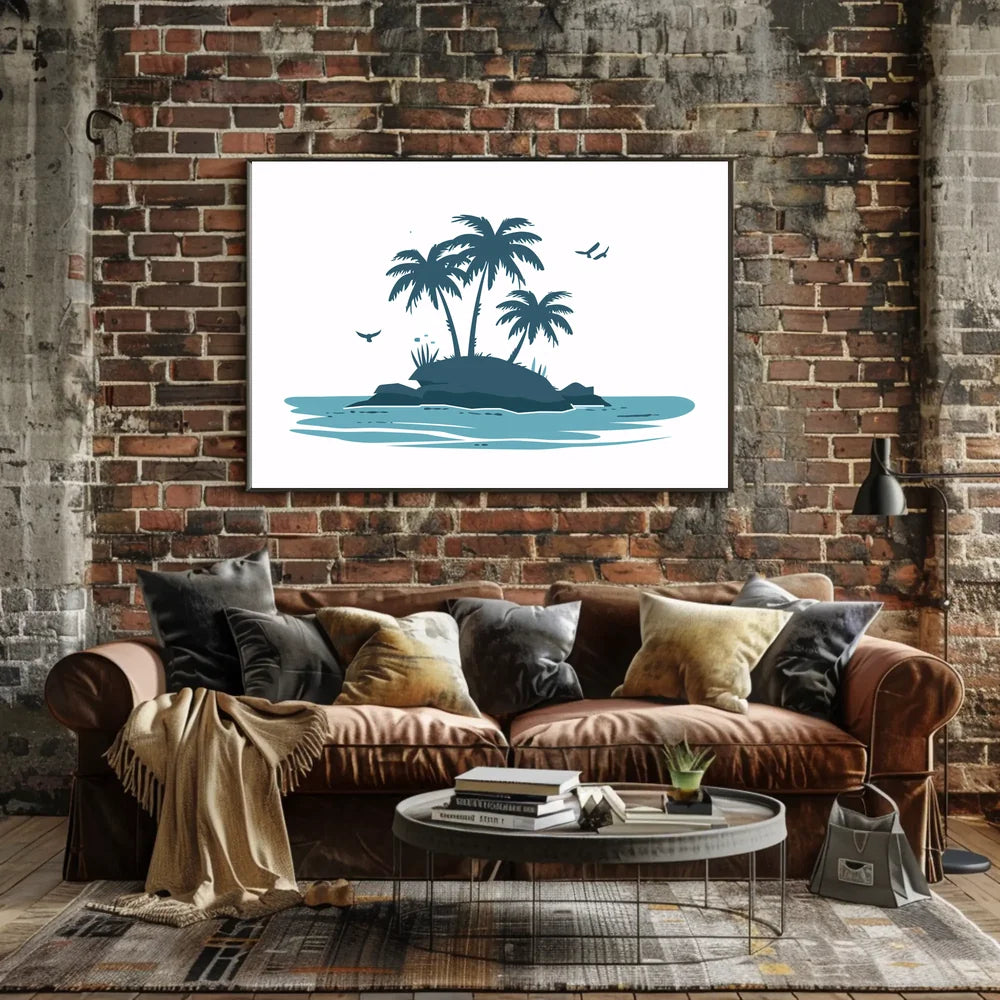 Serene Island Silhouette Modern Blue Art Poster