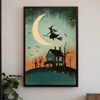 Witch and Moon Halloween Vintage Spooky Whimsical Poster
