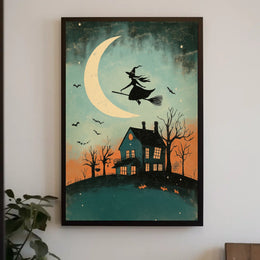 Witch and Moon Halloween Vintage Spooky Whimsical Poster