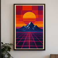 Retro-Futuristic Sunrise on Geometric Sci-Fi Landscape Poster