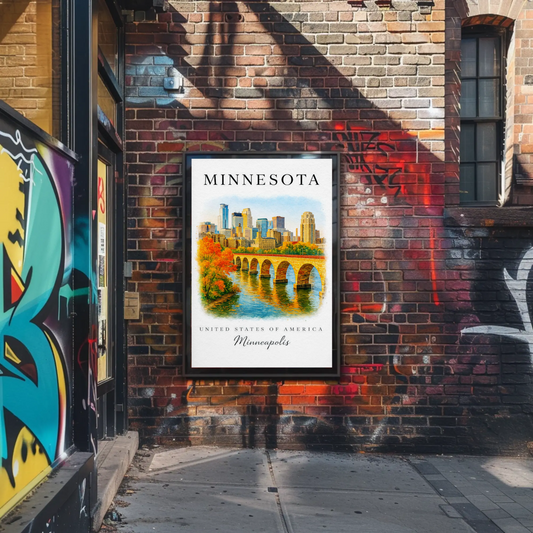 Minnesota Minneapolis Fall Skyline Watercolor Vintage Travel Poster