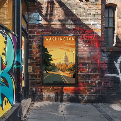 Washington USA Capitol Building Autumn Street Travel Poster