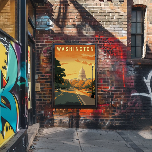 Washington USA Capitol Building Autumn Street Travel Poster