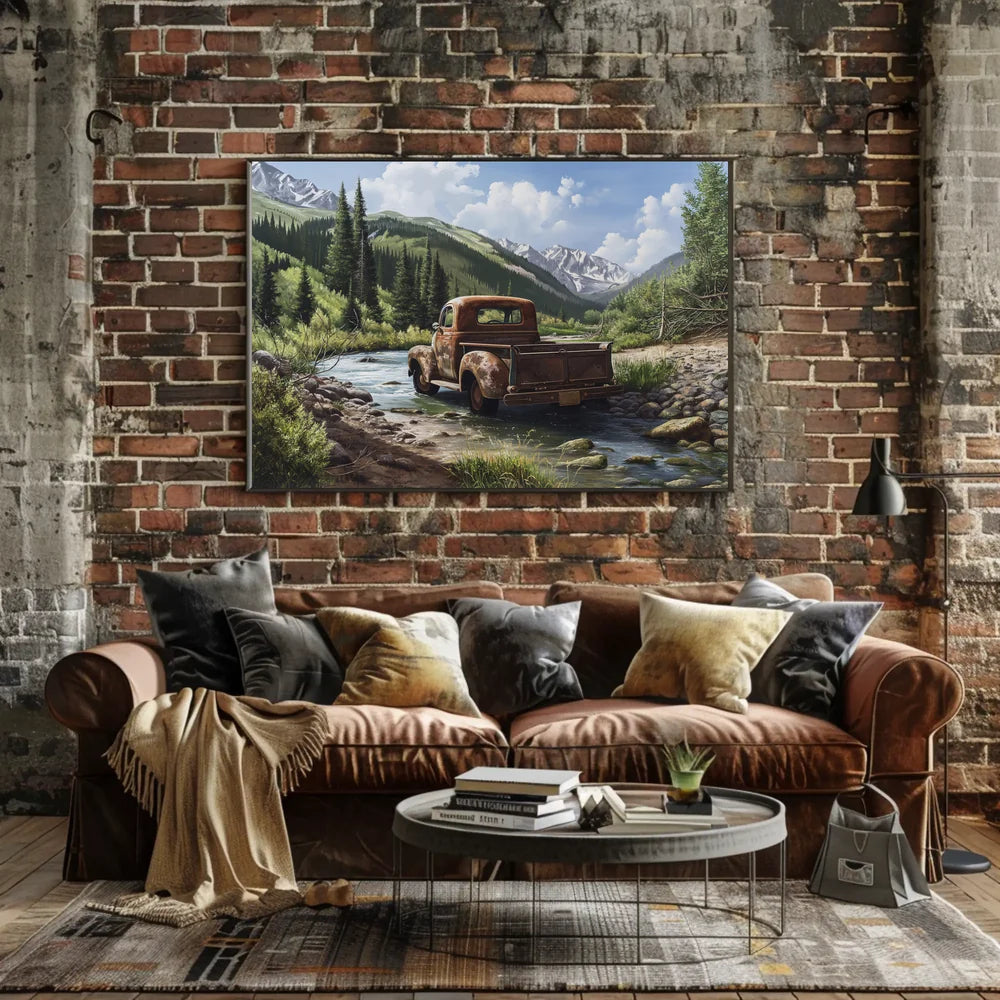 Vintage Truck in Serene Mountain Landscape Poster