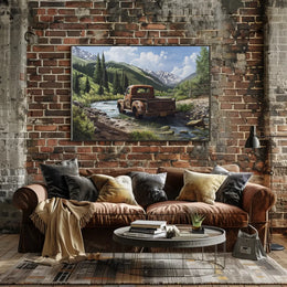Vintage Truck in Serene Mountain Landscape Poster