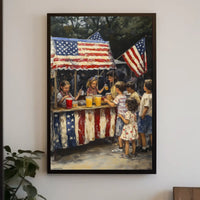 Whimsical American Flag Lemonade Stand Scene Poster