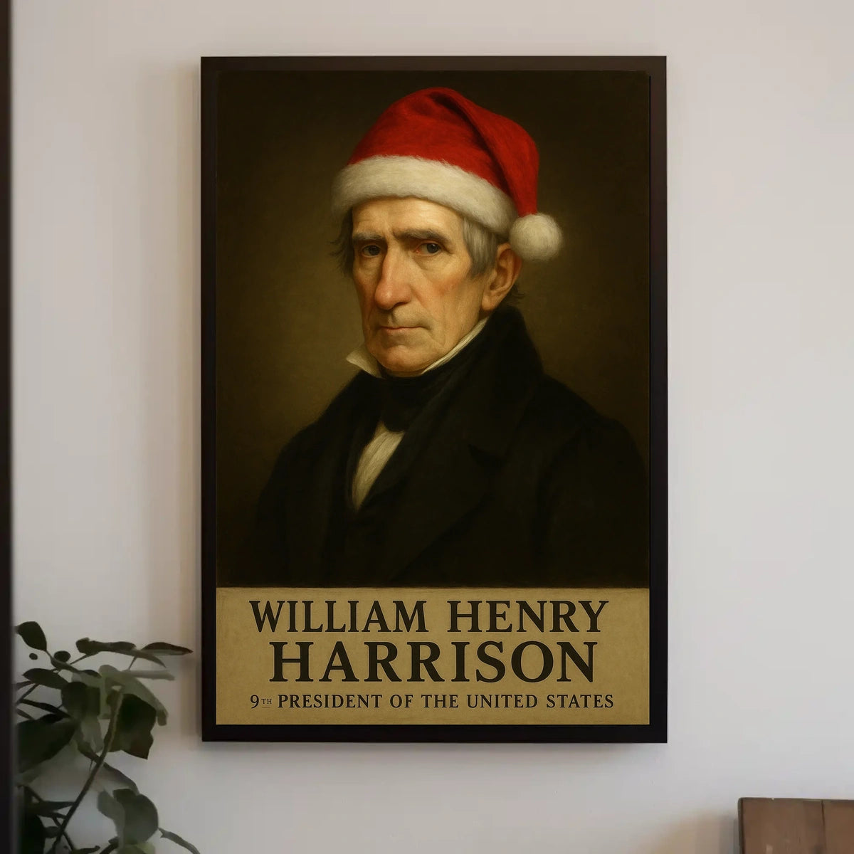 The poster depicts a stylized portrait of William Henry Harrison, the 9th President Travel Poster