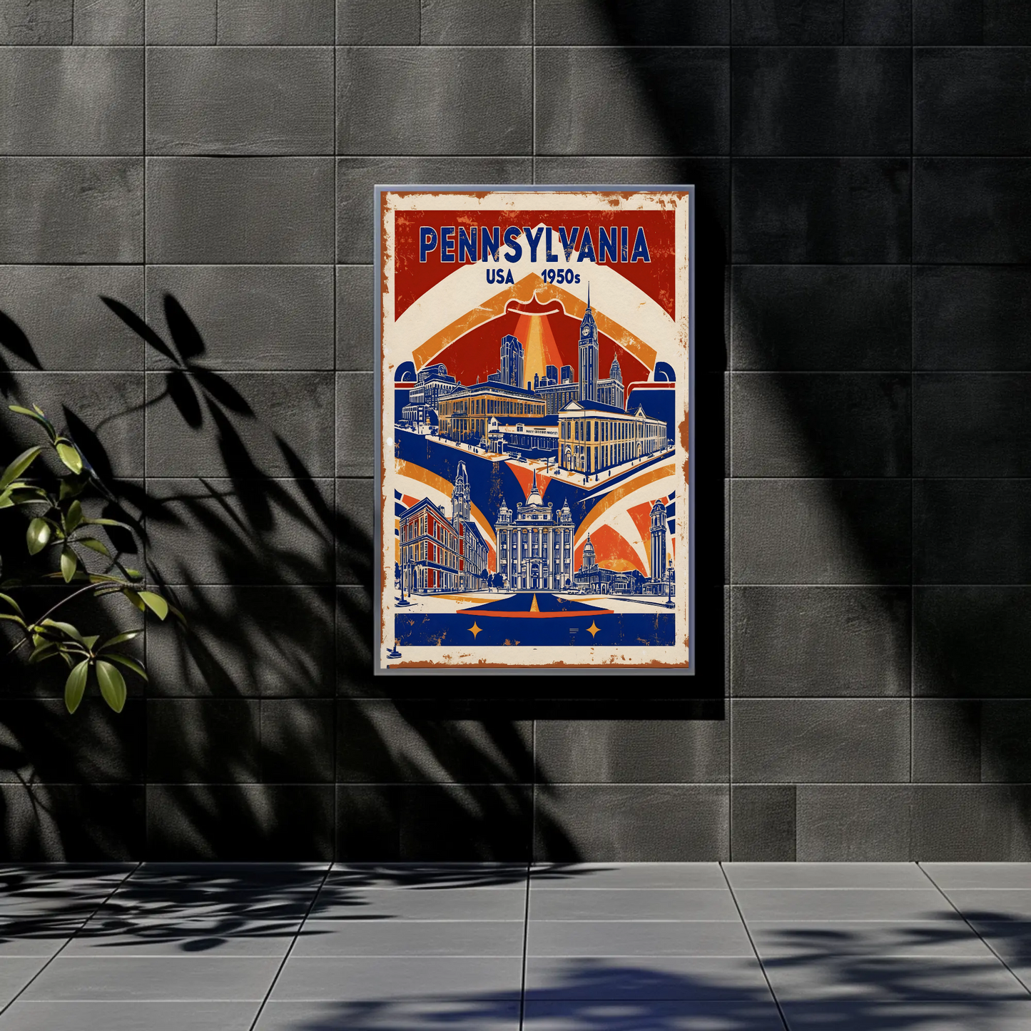 Pennsylvania USA 1950s Monument Skyline Vintage Travel Poster