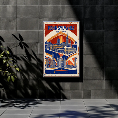 Pennsylvania USA 1950s Monument Skyline Vintage Travel Poster