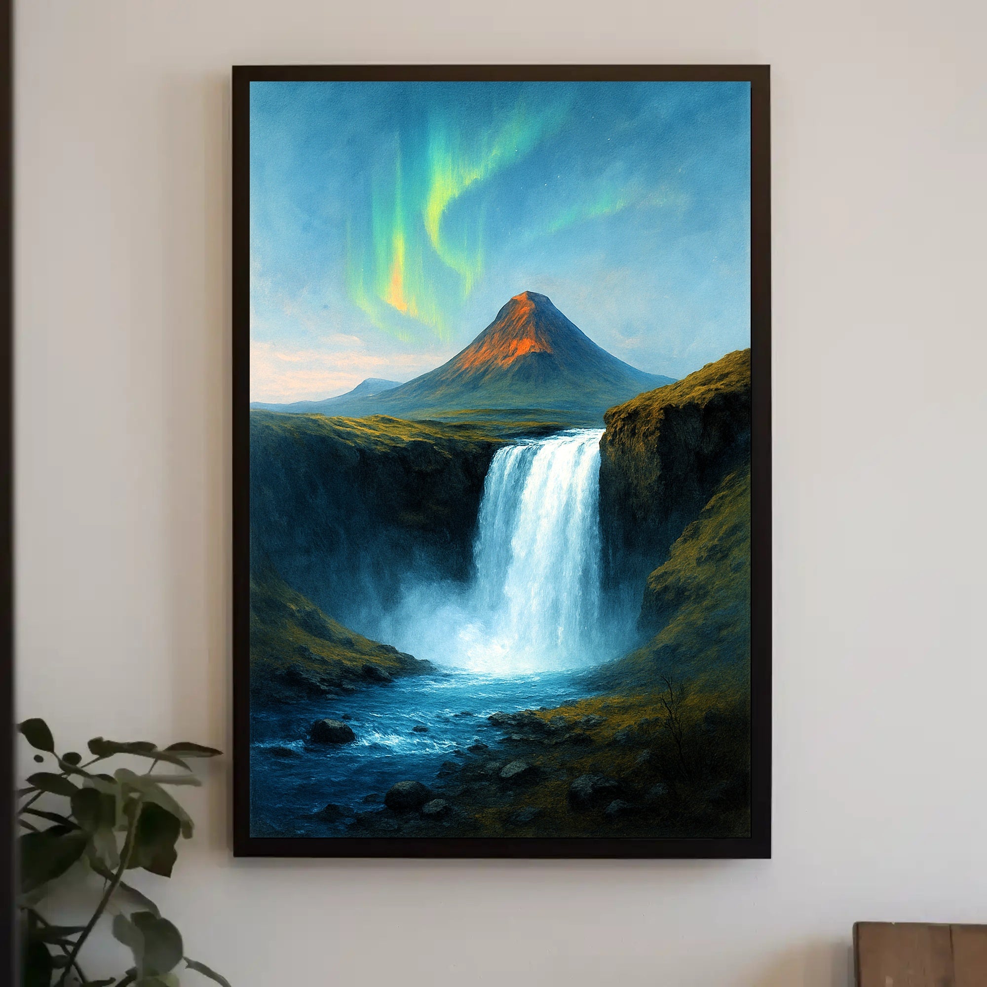 Majestic Northern Lights Over Waterfall Poster