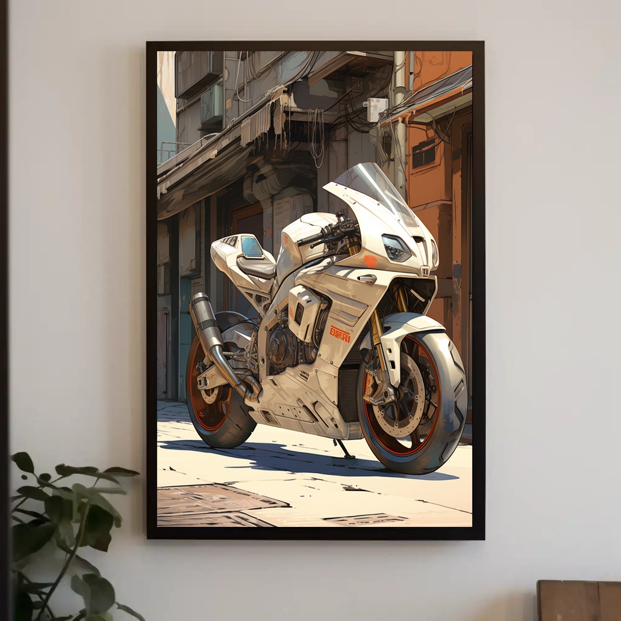 Futuristic Motorcycle In Urban Alley Poster PosterGoat