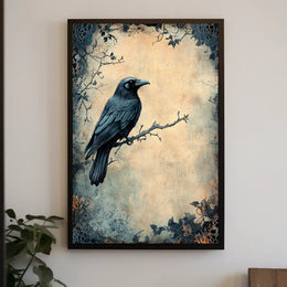 Stylized Raven on Branch Artistic Animal Poster