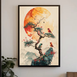 Serene Bonsai Tree with Vibrant Birds Poster PosterGoat