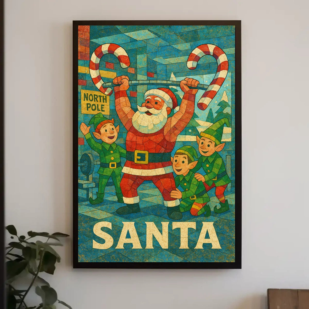 Santa's Festive Workout Vintage Christmas Poster