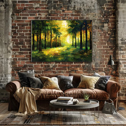 Golden Sunlit Forest: Impressionist Autumn Landscape Poster