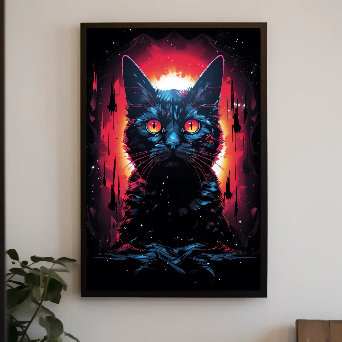 Fiery-Eyed Cosmic Cat Surreal Art Poster